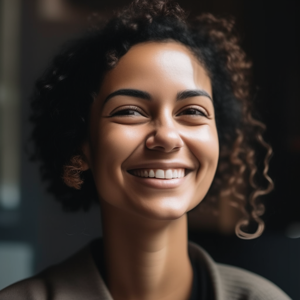 a three-quarter view of the person smiling while sitting down and looking to their left