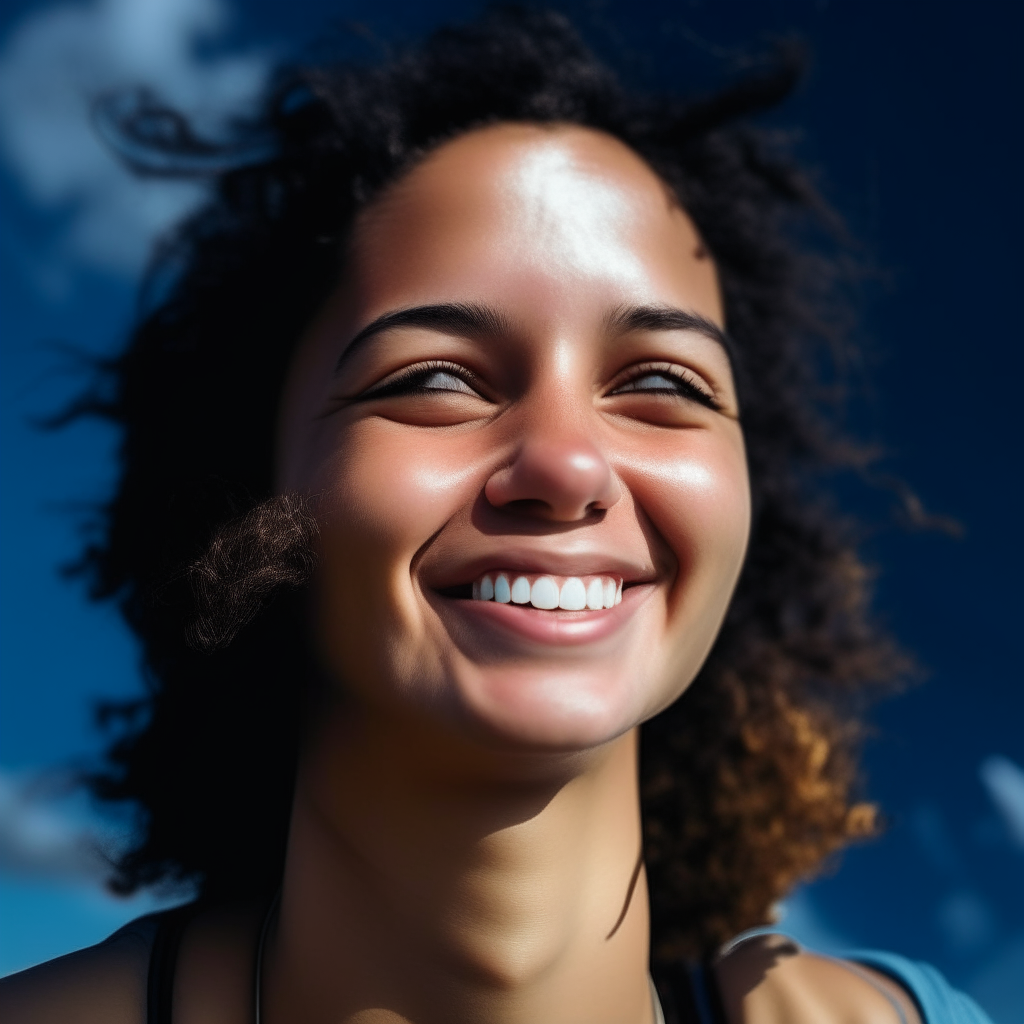 a close up of the person smiling with a blue sky and clouds in the background