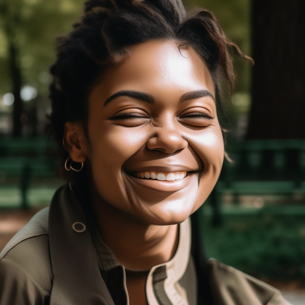 a side view of the person smiling while sitting on a park bench