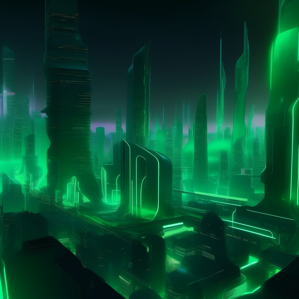 a futuristic city at night with neon lights taking on a soft pulsing green glow