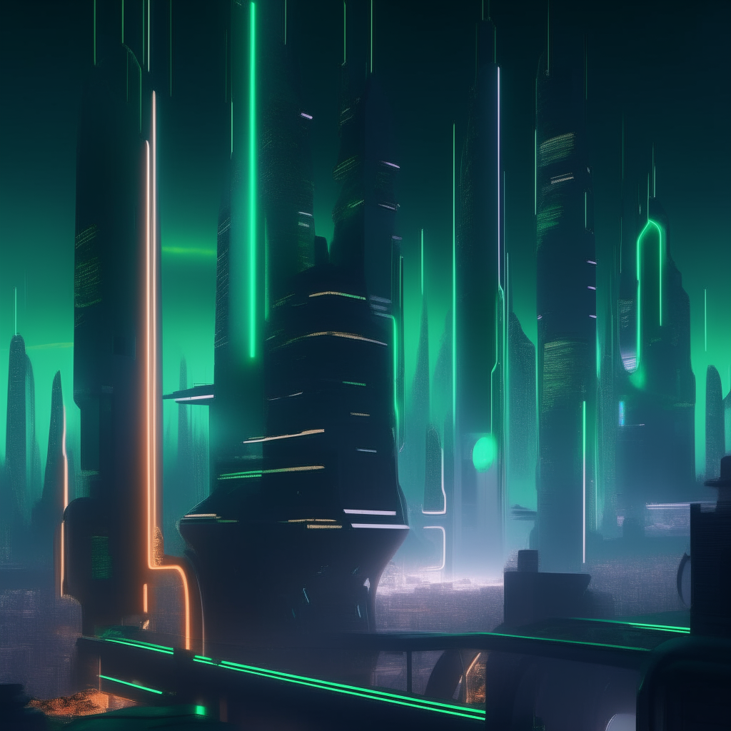 a futuristic city at night with neon lights taking on a soft pulsing green glow