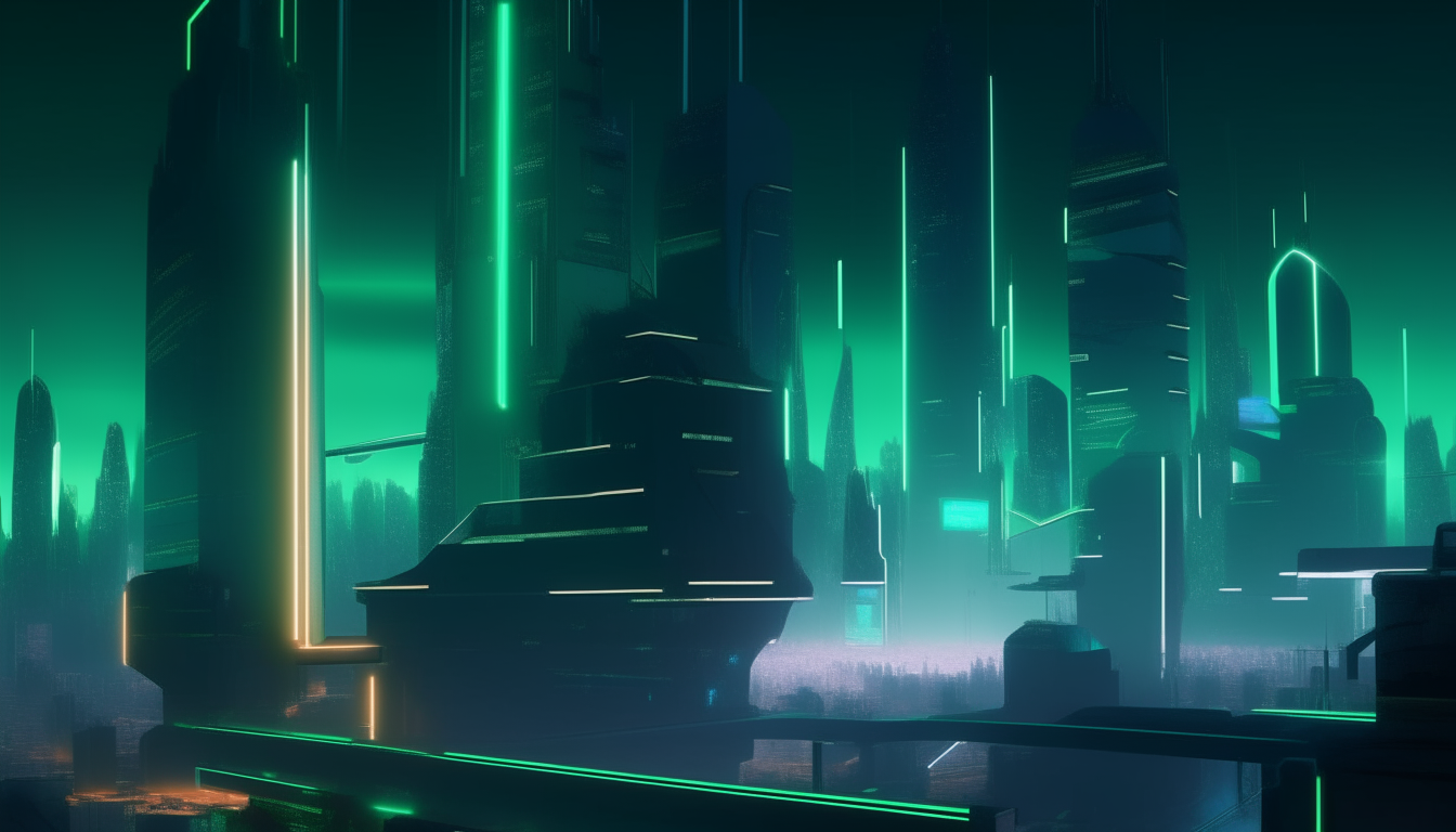 a futuristic city at night with neon lights, with a subtle green glow