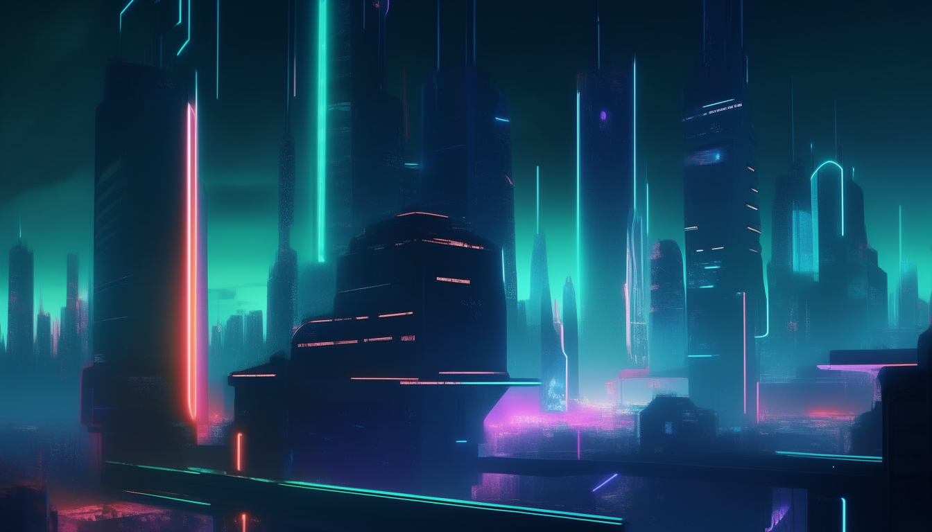 a futuristic city at night with neon lights