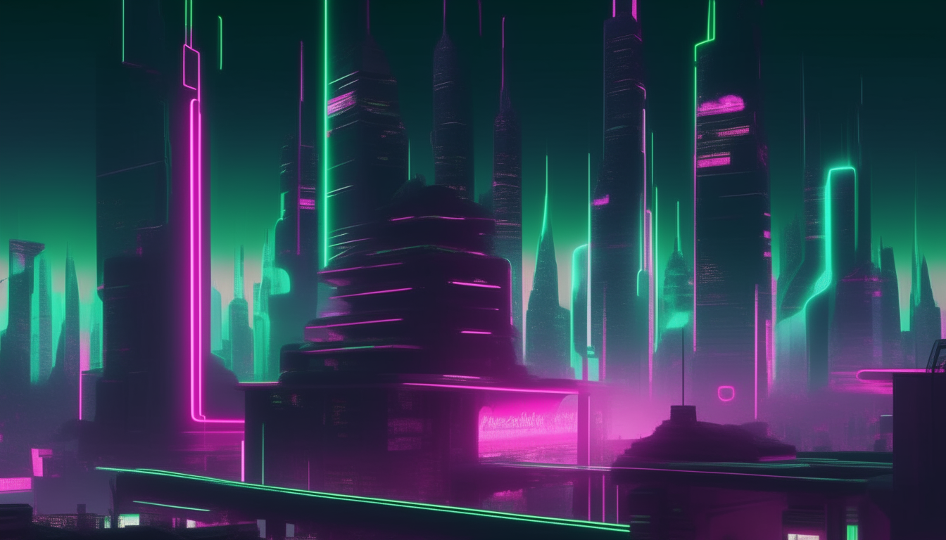 a futuristic city at night with neon lights, with pink neon replaced with a soft green glow