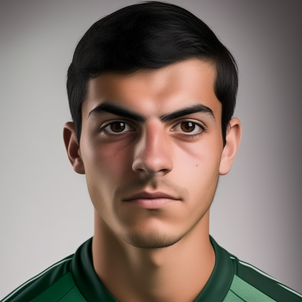 A portrait of a 25-year-old Portuguese football player. He has short dark hair, brown eyes and strong facial features.