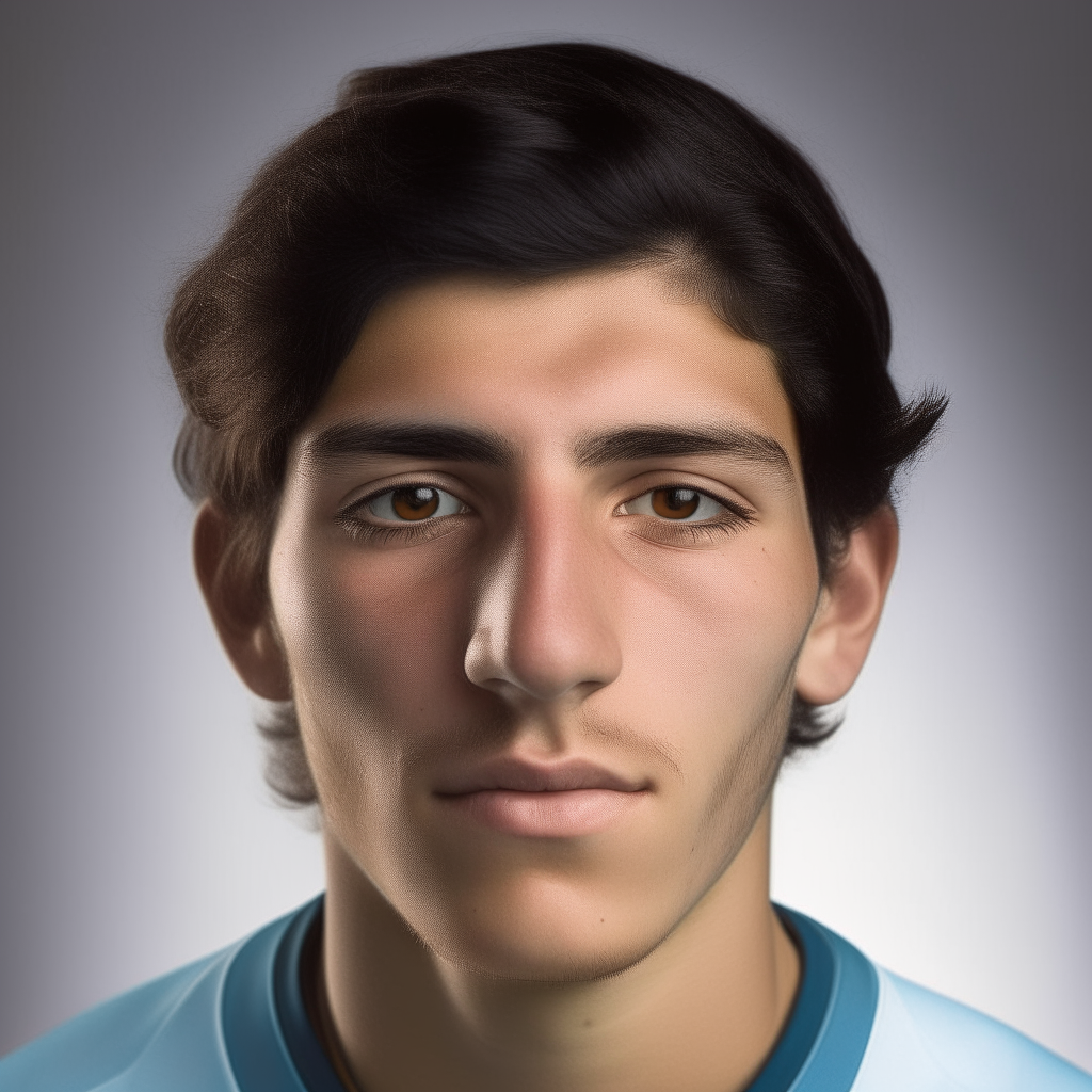 A portrait of a 25-year-old Argentine footballer. He has dark hair, brown eyes and facial features common among people from Argentina.