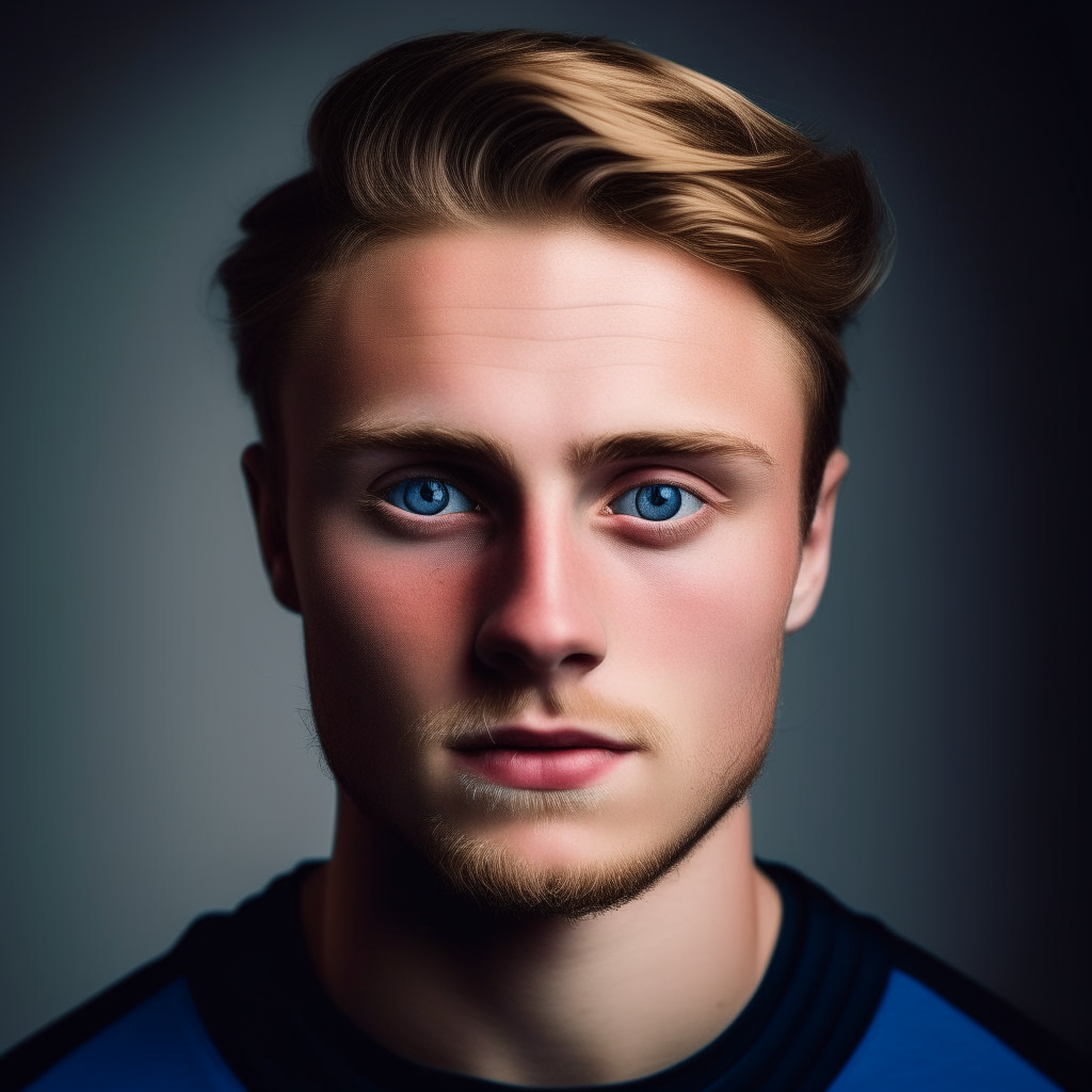 A portrait of a handsome 25-year-old British footballer. He has light brown hair, blue eyes and strong masculine features common among people from the UK.