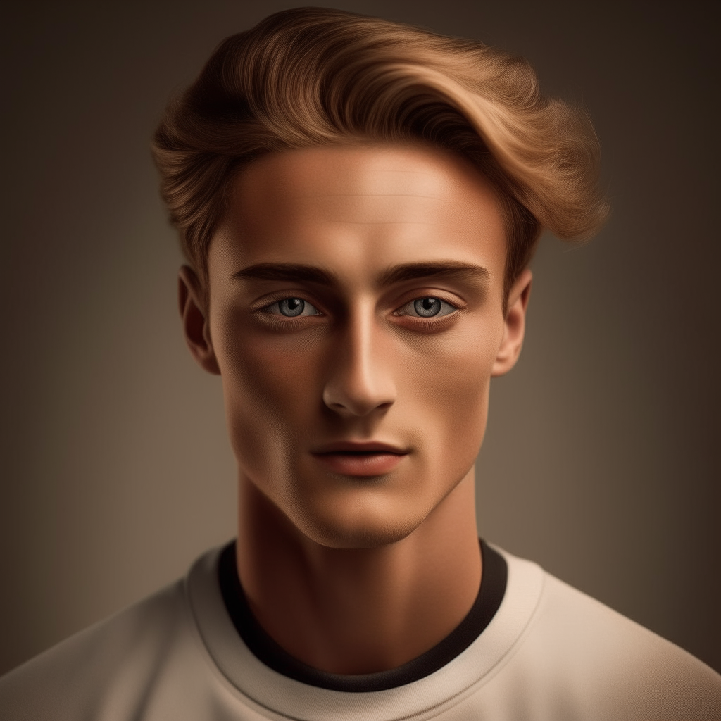 A handsome portrait of the British footballer from image-17, with light brown hair, light eyes and a model-like appearance.