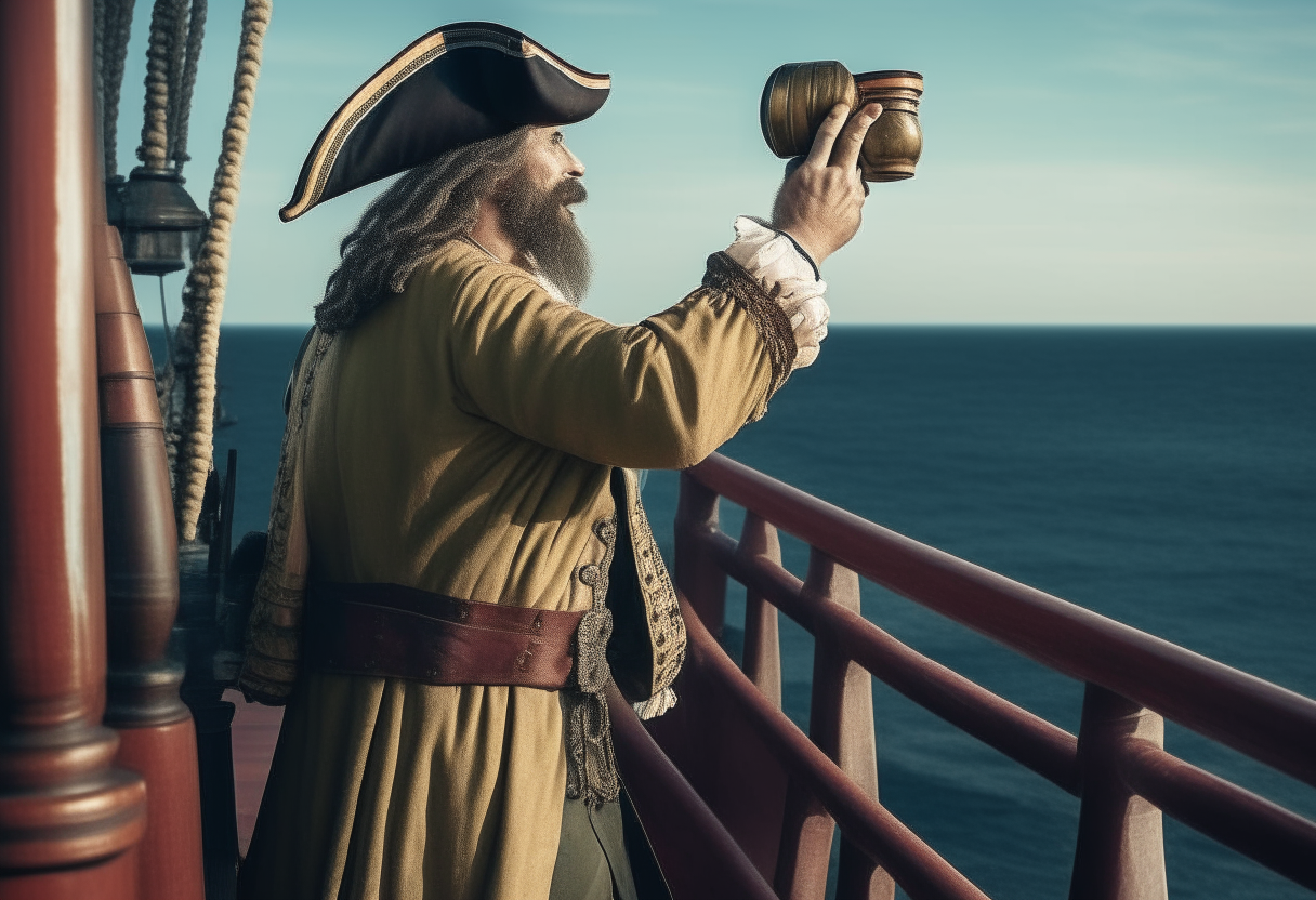 A pirate captain stands on the deck of his ship, gazing out to sea with a spyglass in hand