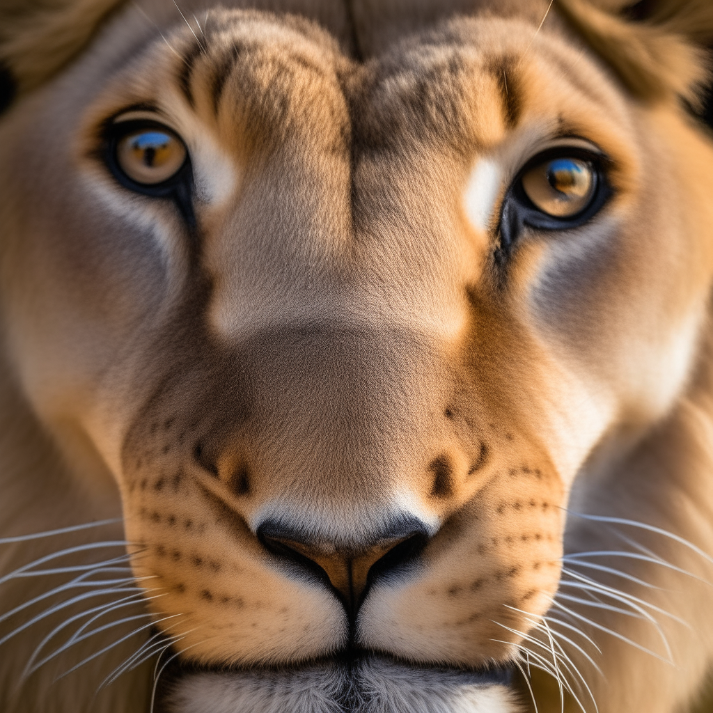 A close-up portrait of a lion's face