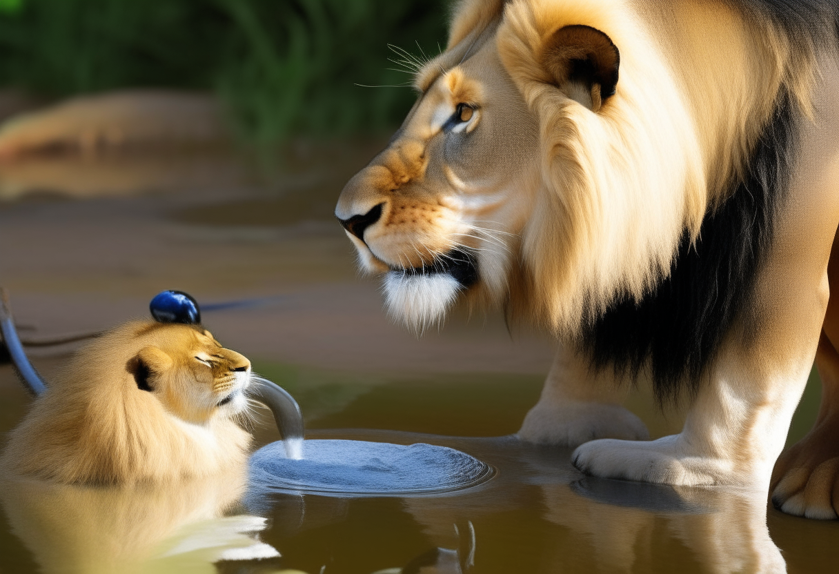 A lion drinks water as a cat and duck look on, showing friendship and support on the path to better health.