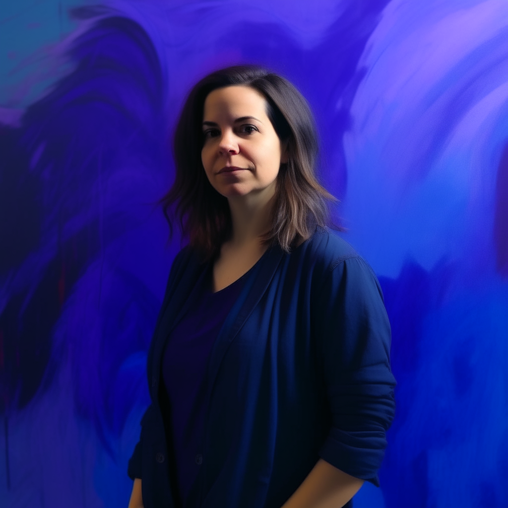 a woman standing in front of an abstract painting, with a blue and purple background