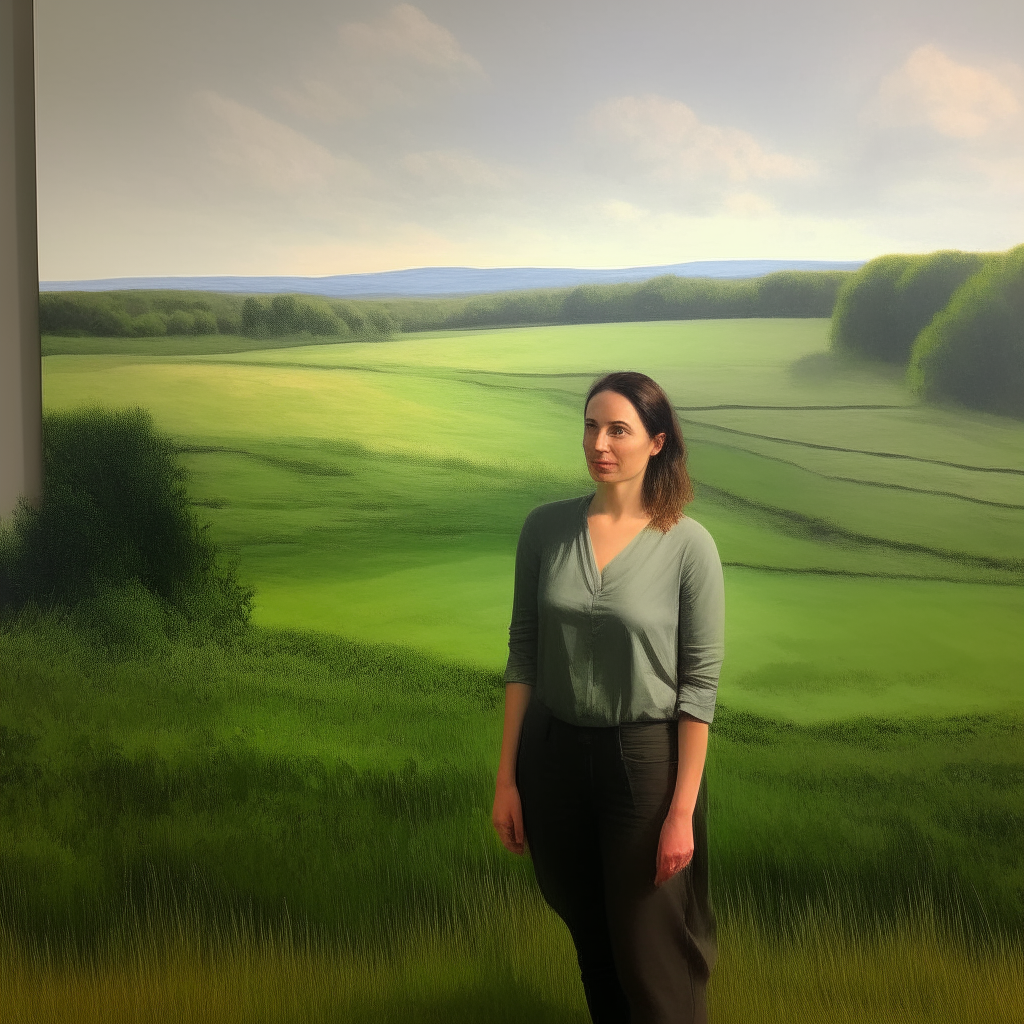 a woman standing in front of a landscape painting, with a green grassy field as the background