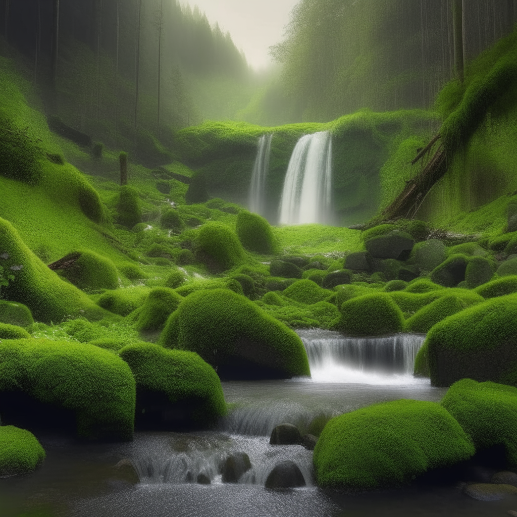 A serene forest setting with a grassy glade and a multi-tiered waterfall cascading over mossy rocks in the distance