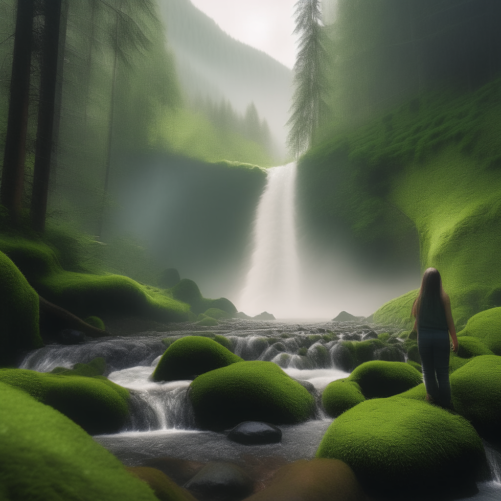 A woman standing in the forest clearing with a waterfall visible in the distance