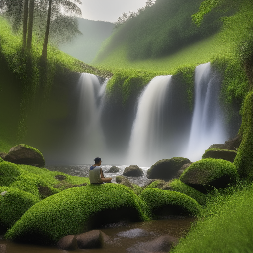 A couple relaxing in the grassy glade with a multi-tiered waterfall in the background