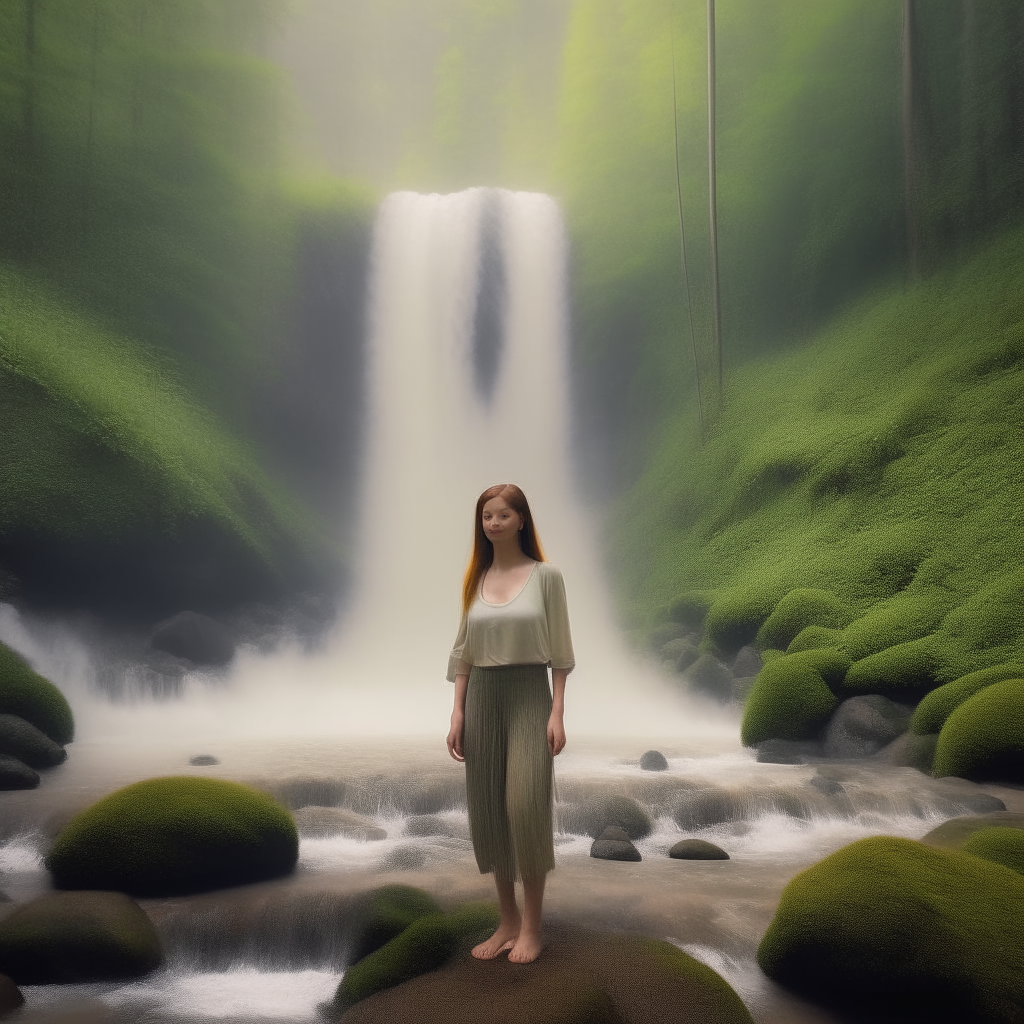 A woman standing in a forest clearing with a waterfall visible in the distance, combining the figures from images 1 and 4