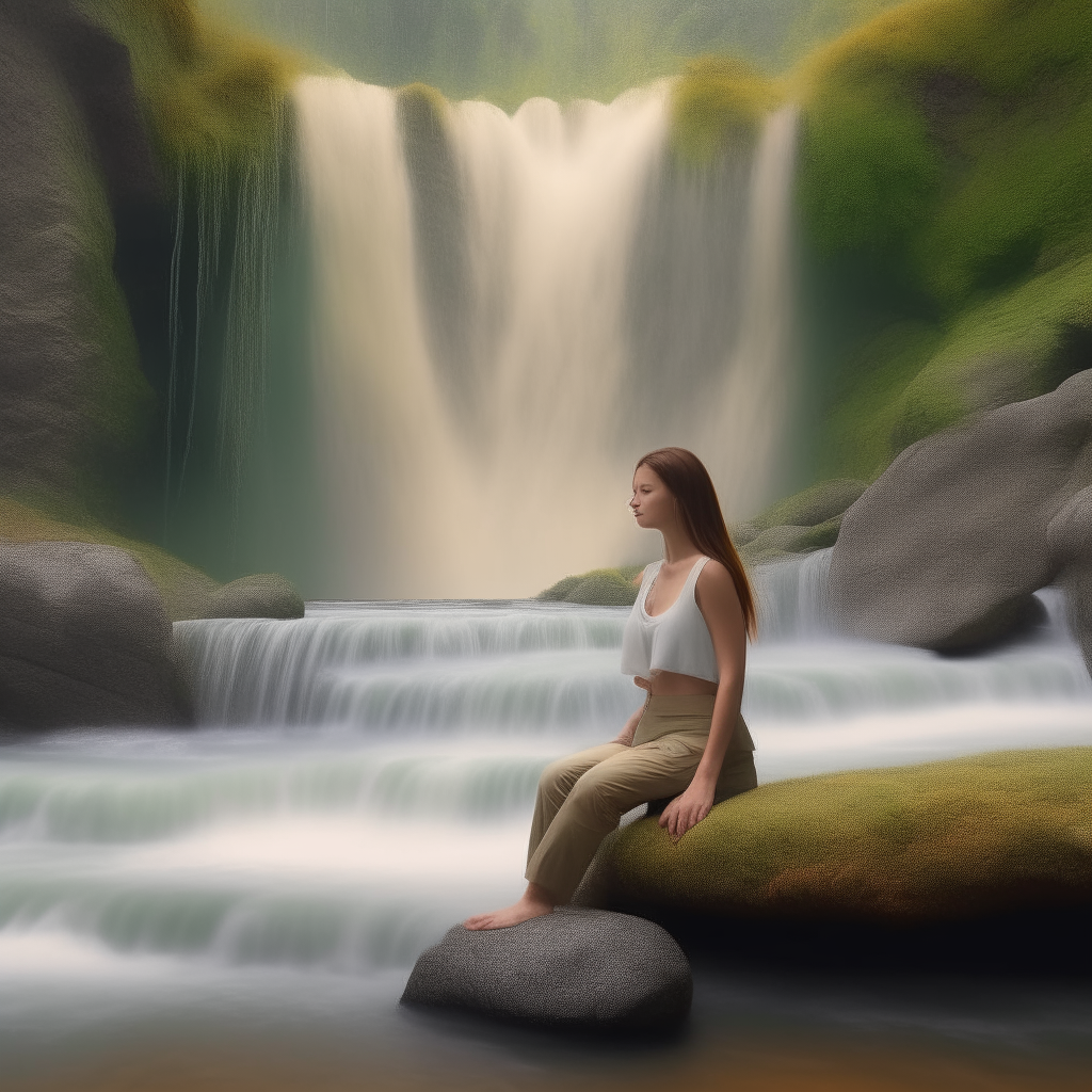 The woman sitting by the waterfall gazing at the flowing water, combining elements from images 1 and 4