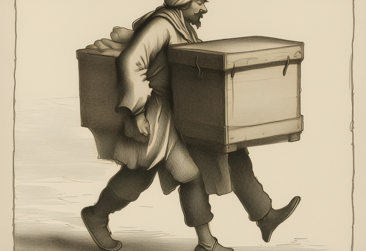 A porter carrying a chest