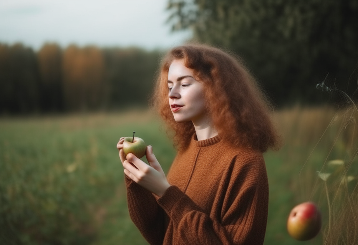 young woman eating apple standing in a meadow