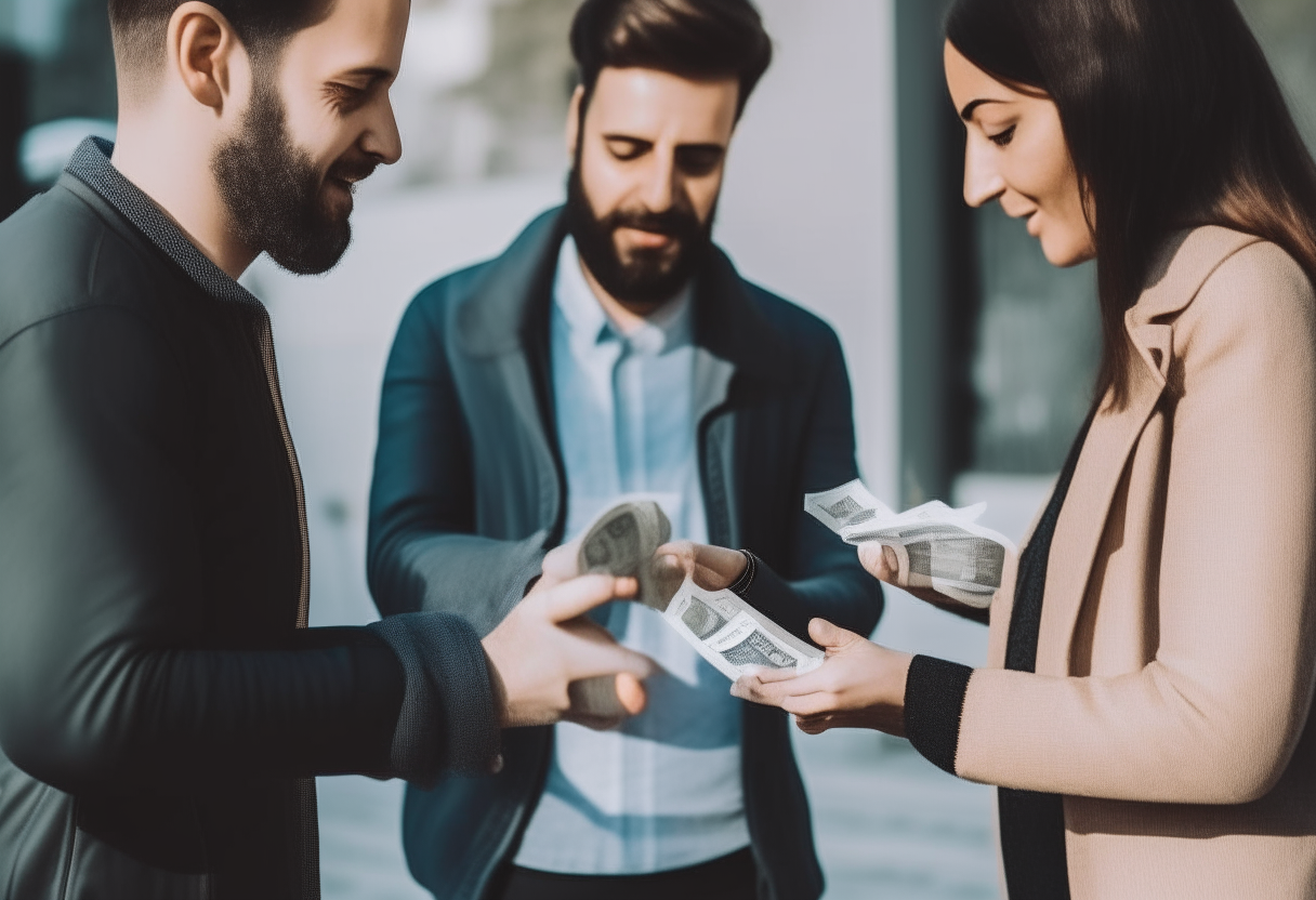 A man giving money to a man and woman 