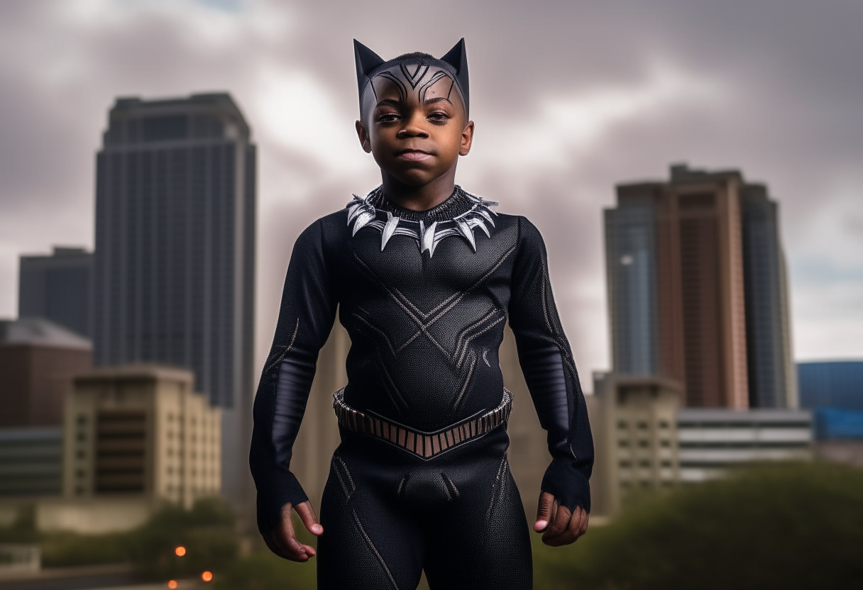 A young boy dressed as Black Panther, standing proudly with his hands on his hips in front of a Wakanda cityscape