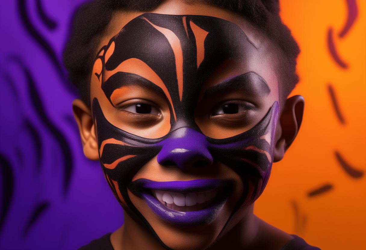 A close-up portrait of a smiling boy in a Black Panther mask, against a purple and orange abstract background