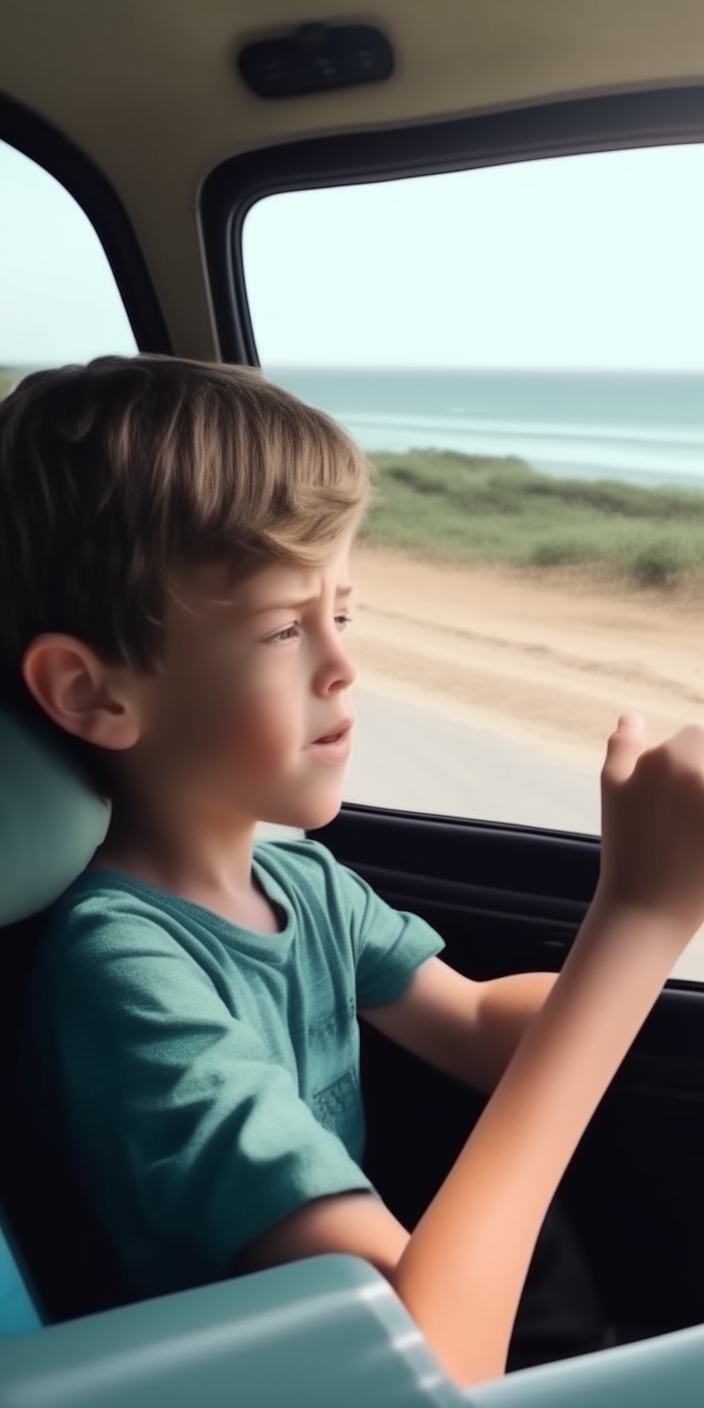 The boy sitting in the car, with a scenic beach view outside the window