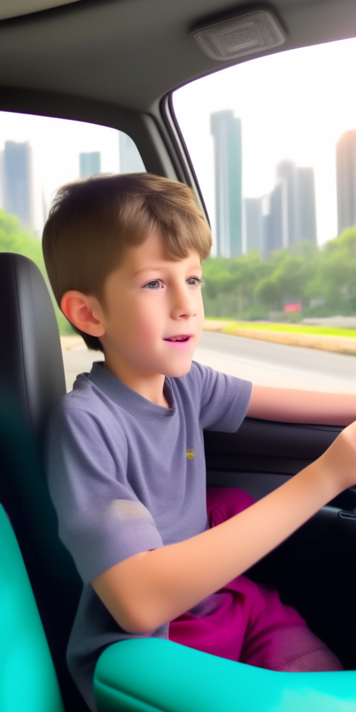 The boy sitting happily in the car, gazing out at a colorful city skyline