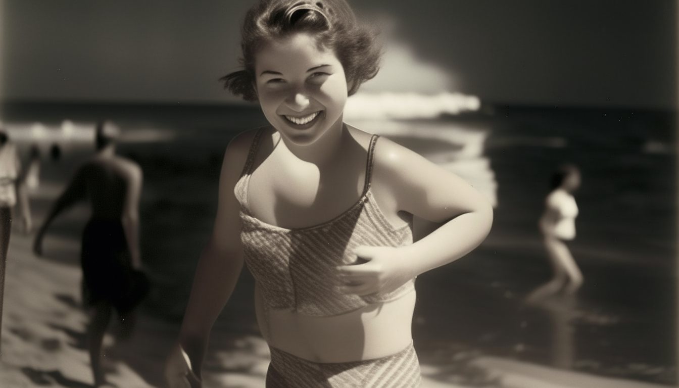 A young woman wearing a swimsuit walking along a sunny beach, with the smiling face from the original photo