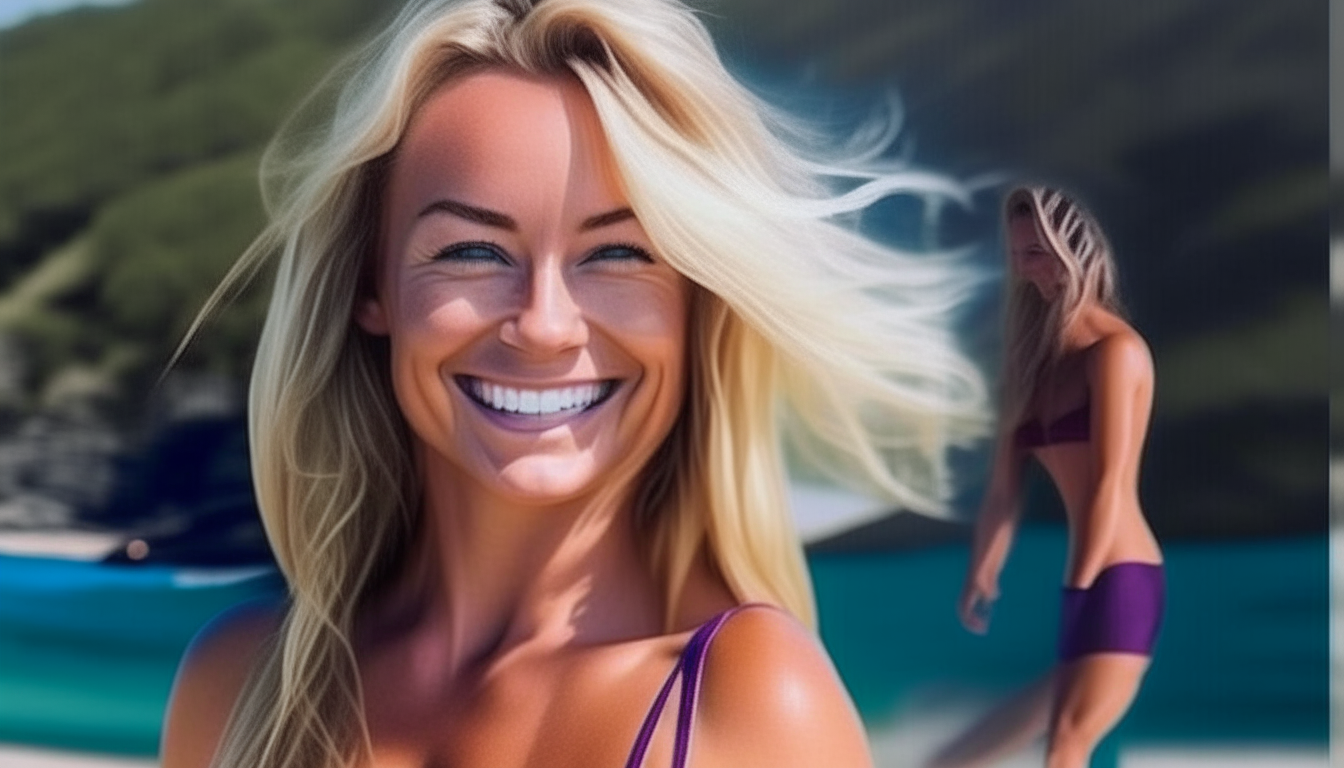 The smiling woman from the photo with longer blonde hair and a different colored bikini