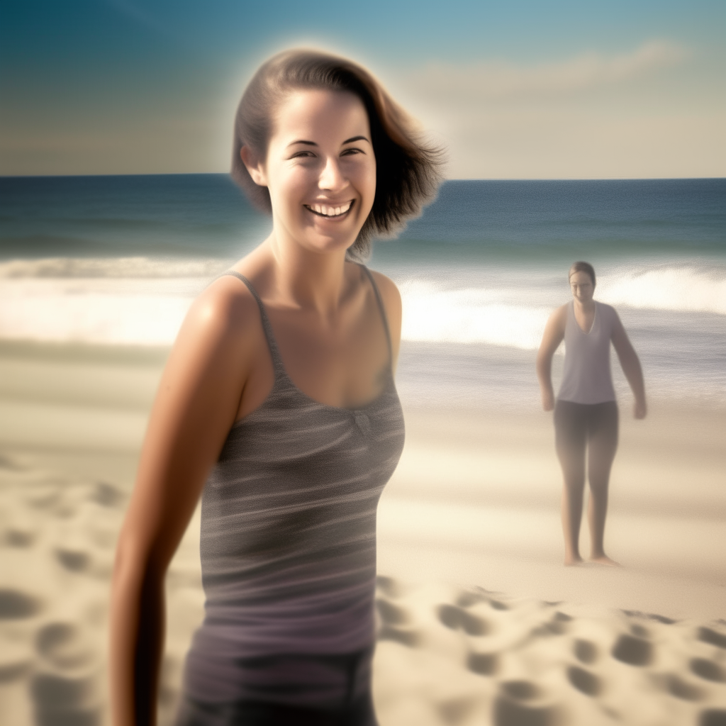 The smiling woman from image 8 standing on the beach, with image 9 composited in as a background