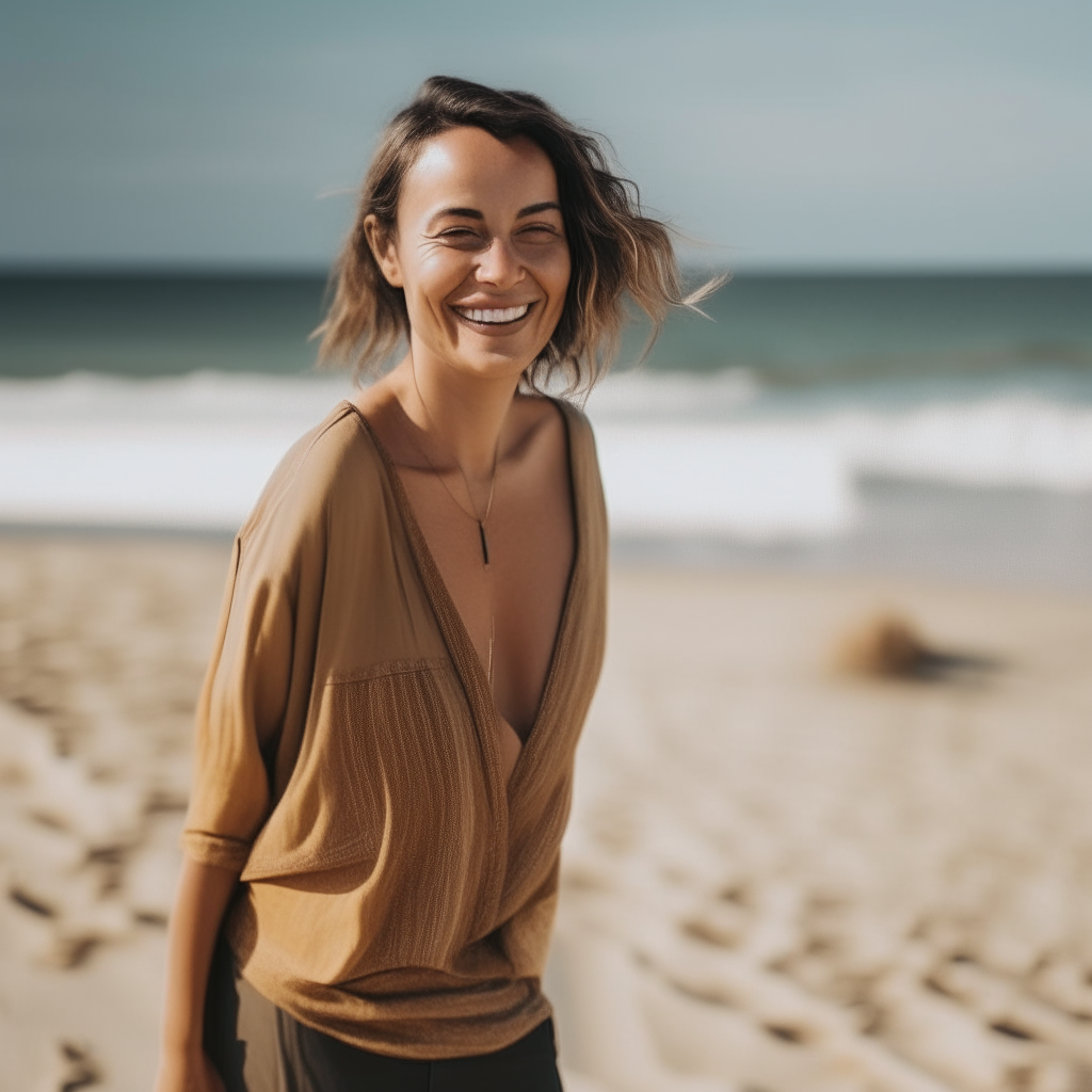 The smiling woman from image 10 standing relaxed on the beach