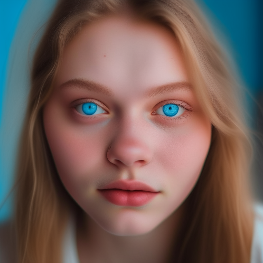 portrait of a 19 year old Ukrainian girl, plump build, light brown ashy hair, bright blue eyes, rosy pink cheeks and freckles on the nose