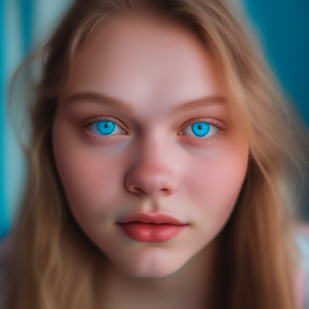 portrait of a 19 year old Ukrainian girl, plump build, light brown ashy hair, bright blue eyes, rosy pink cheeks and freckles on the nose