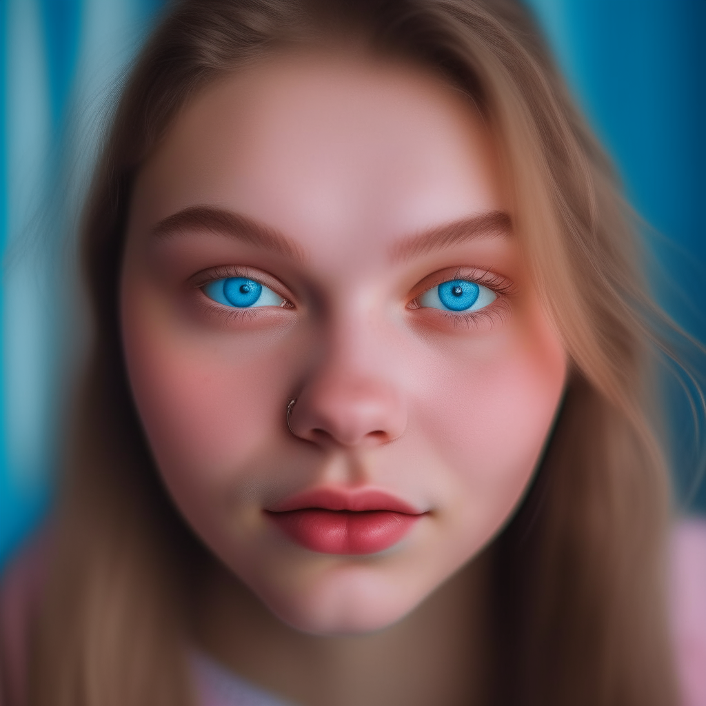 portrait of a 19 year old Ukrainian girl, plump build, darker light brown ashy hair, bright blue eyes, rosy pink cheeks and freckles on the nose, with bigger eyebrows