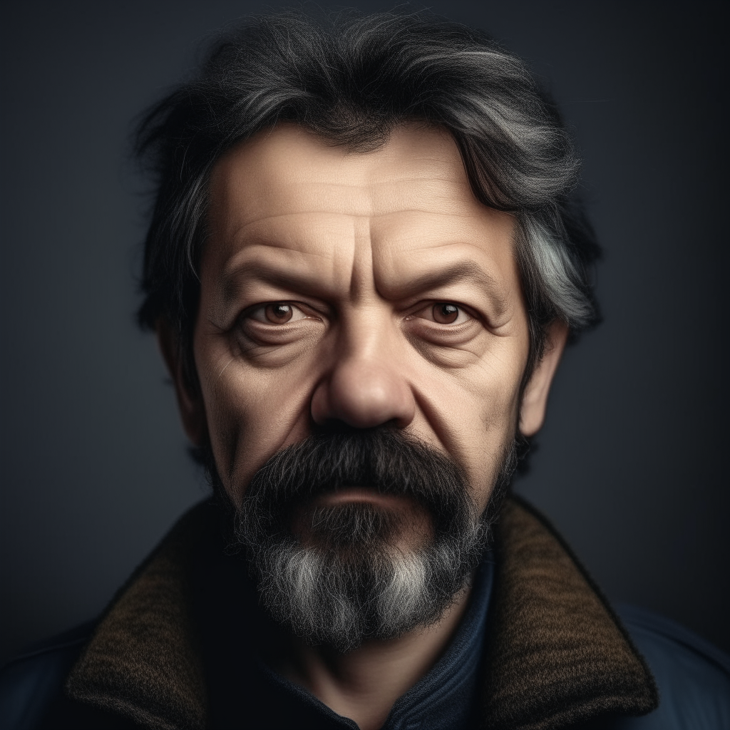 portrait of a 45 year old Ukrainian man, dark hair, light eyes, beard and mustache, resemblance to the previous portraits