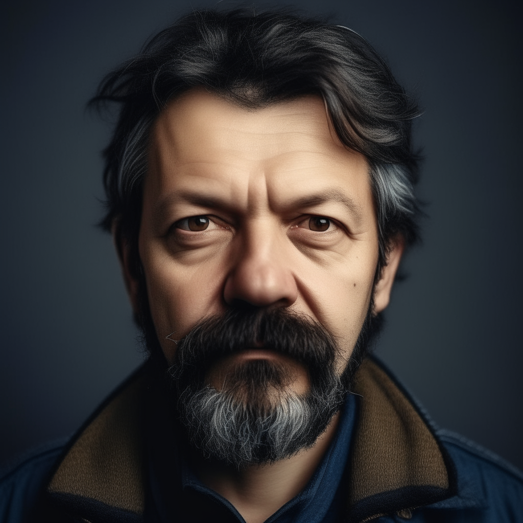 portrait of a 40 year old Ukrainian man, dark hair, light eyes, beard and mustache, resemblance to the previous portraits