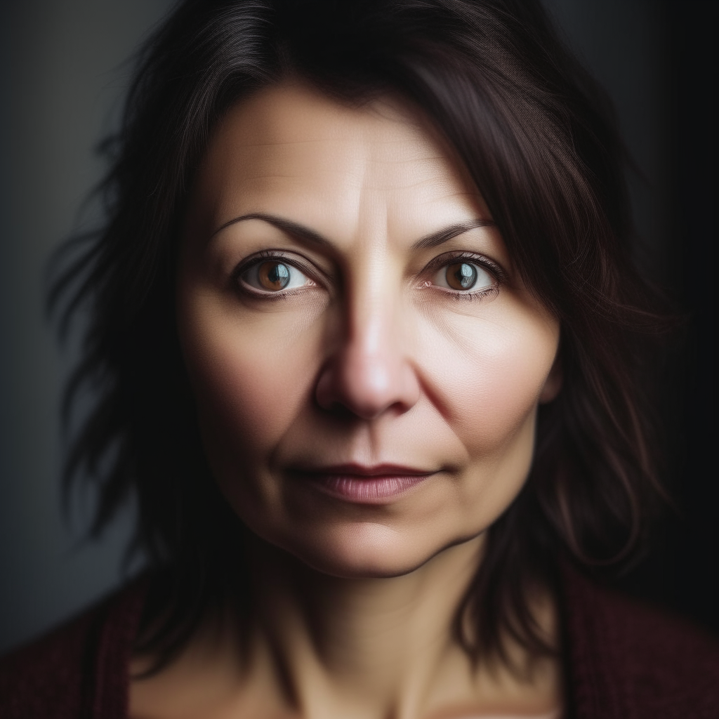portrait of a 40 year old Ukrainian woman, brown eyes, dark brown hair