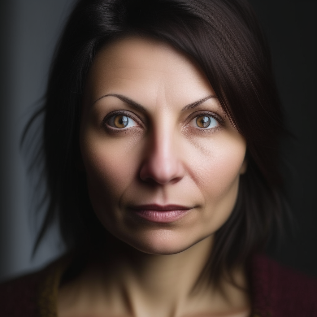 portrait of a 35 year old Ukrainian woman, brown eyes, dark brown hair