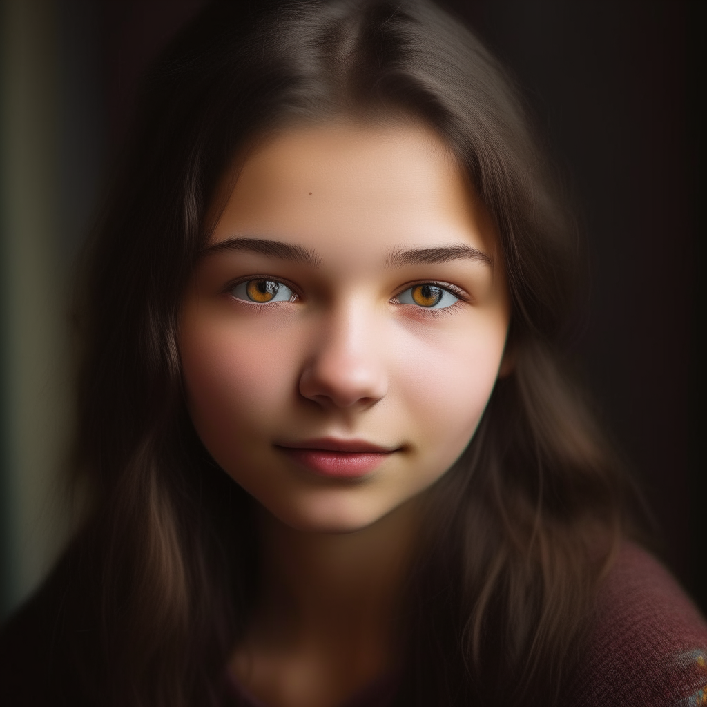 portrait of a 15 year old Ukrainian girl with dark brown hair and brown eyes, resembling her mother