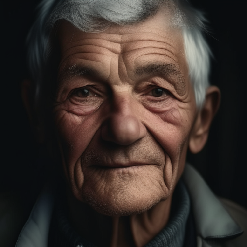 portrait of a 65 year old Ukrainian man, gray hair, wrinkles, resemblance to the mother in image-8