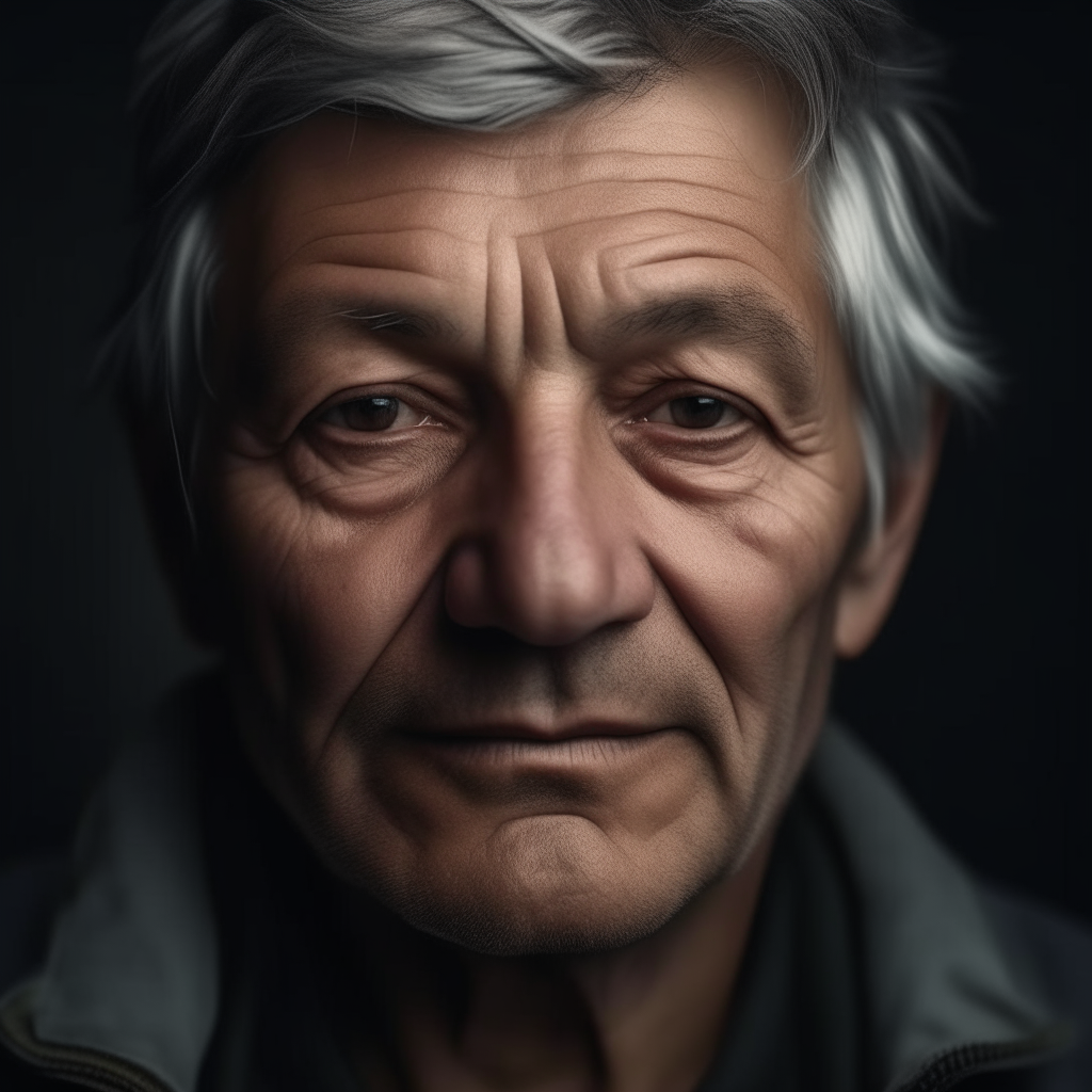 portrait of a 50 year old Ukrainian man, graying hair, wrinkles, resemblance to the mother in image-8