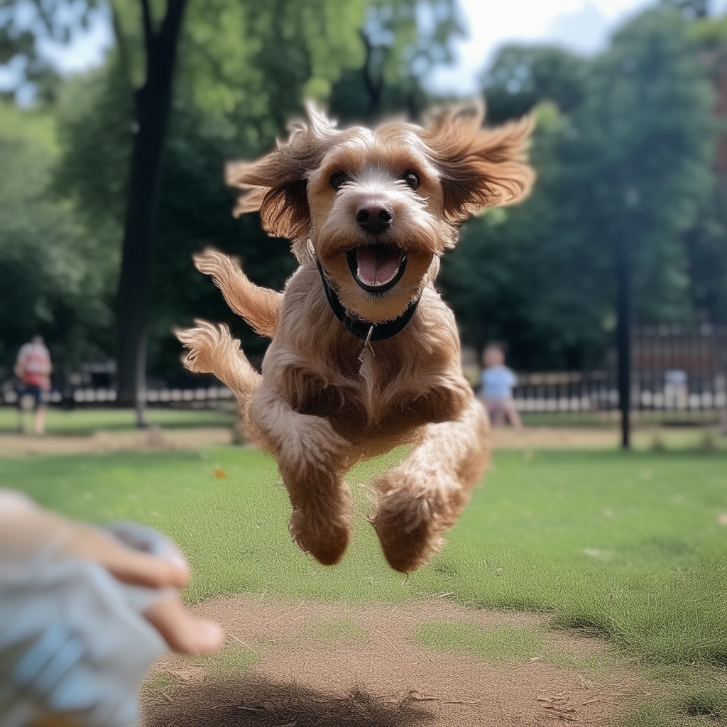 a dog his name max is jumping in the park  wit the kids
