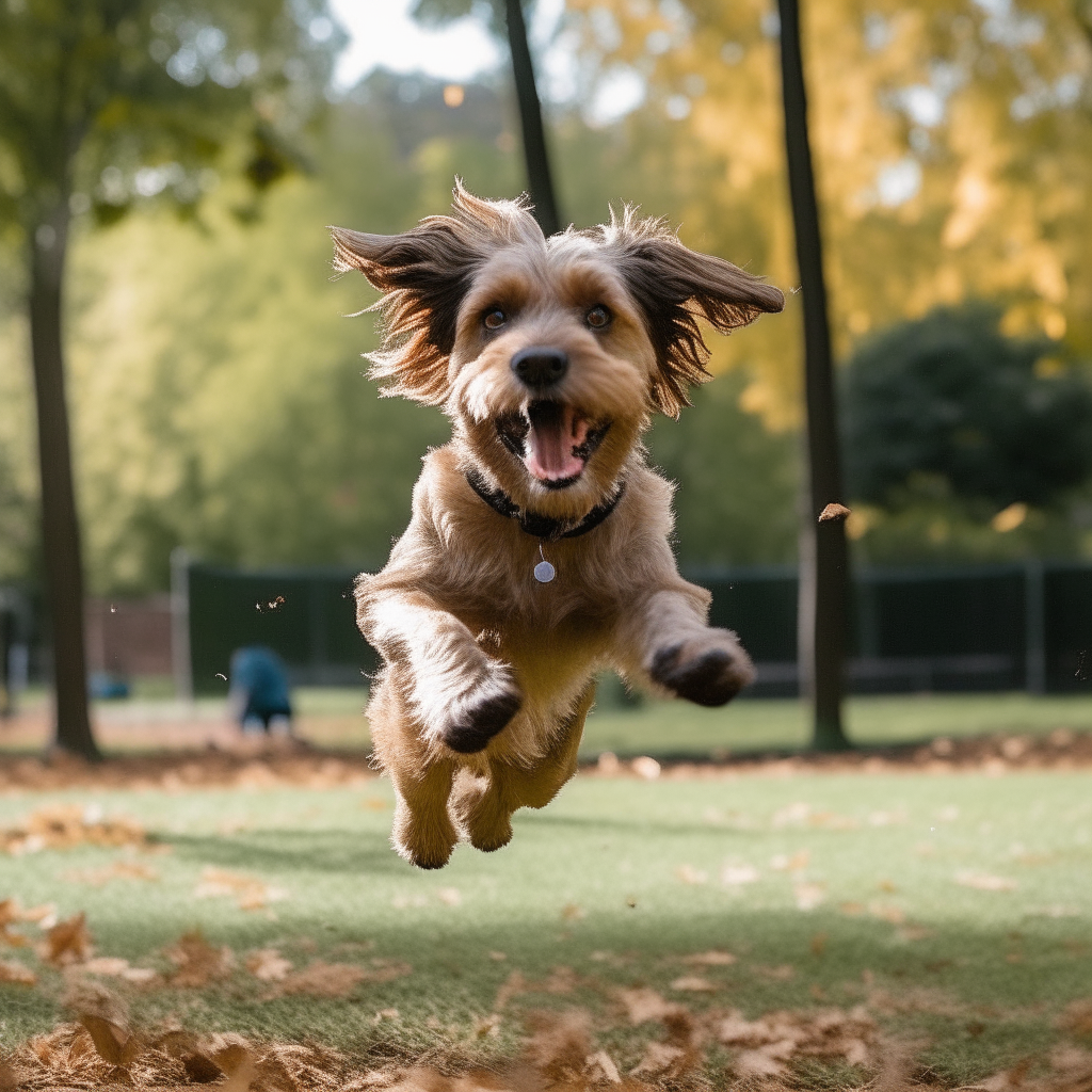 a dog his name max is jumping in the park  with the kids
