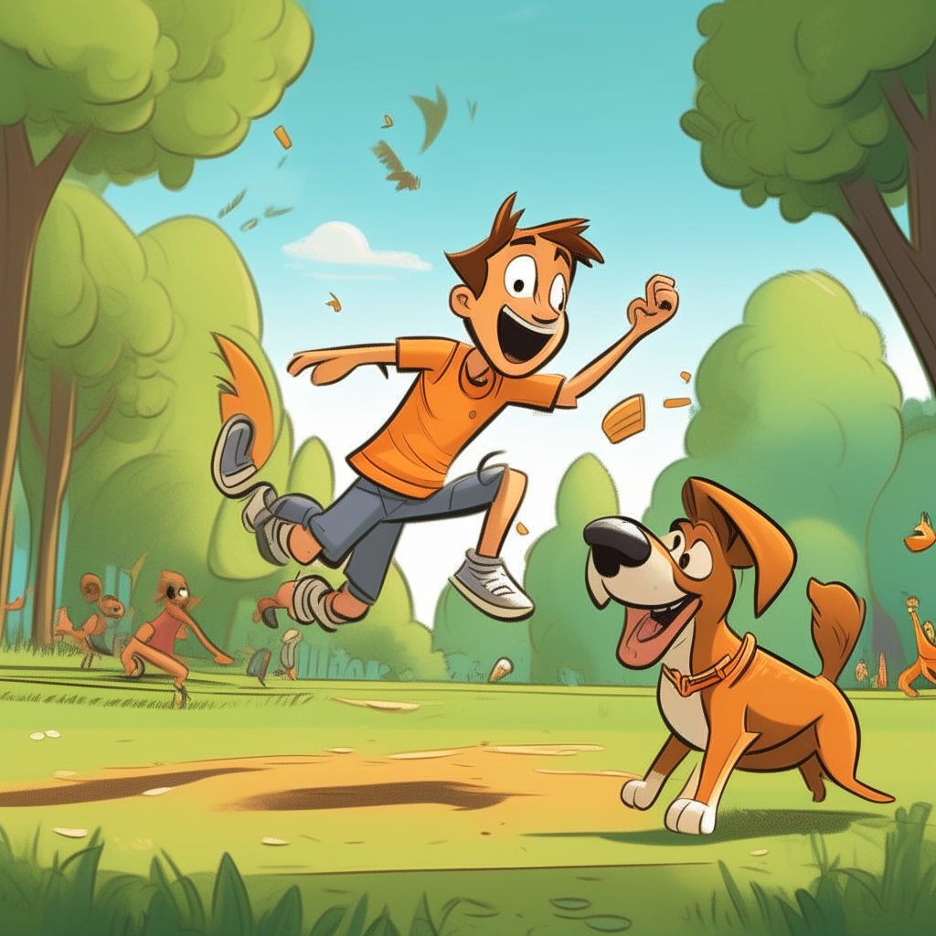 in cartoon 2d a dog his name max is jumping in the park  with the kids
