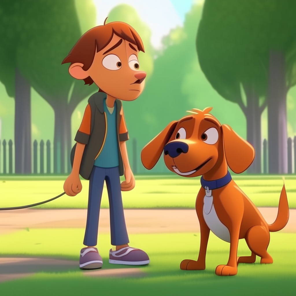 in cartoon 2d a dog his name max is waking  in the park  with the kids

