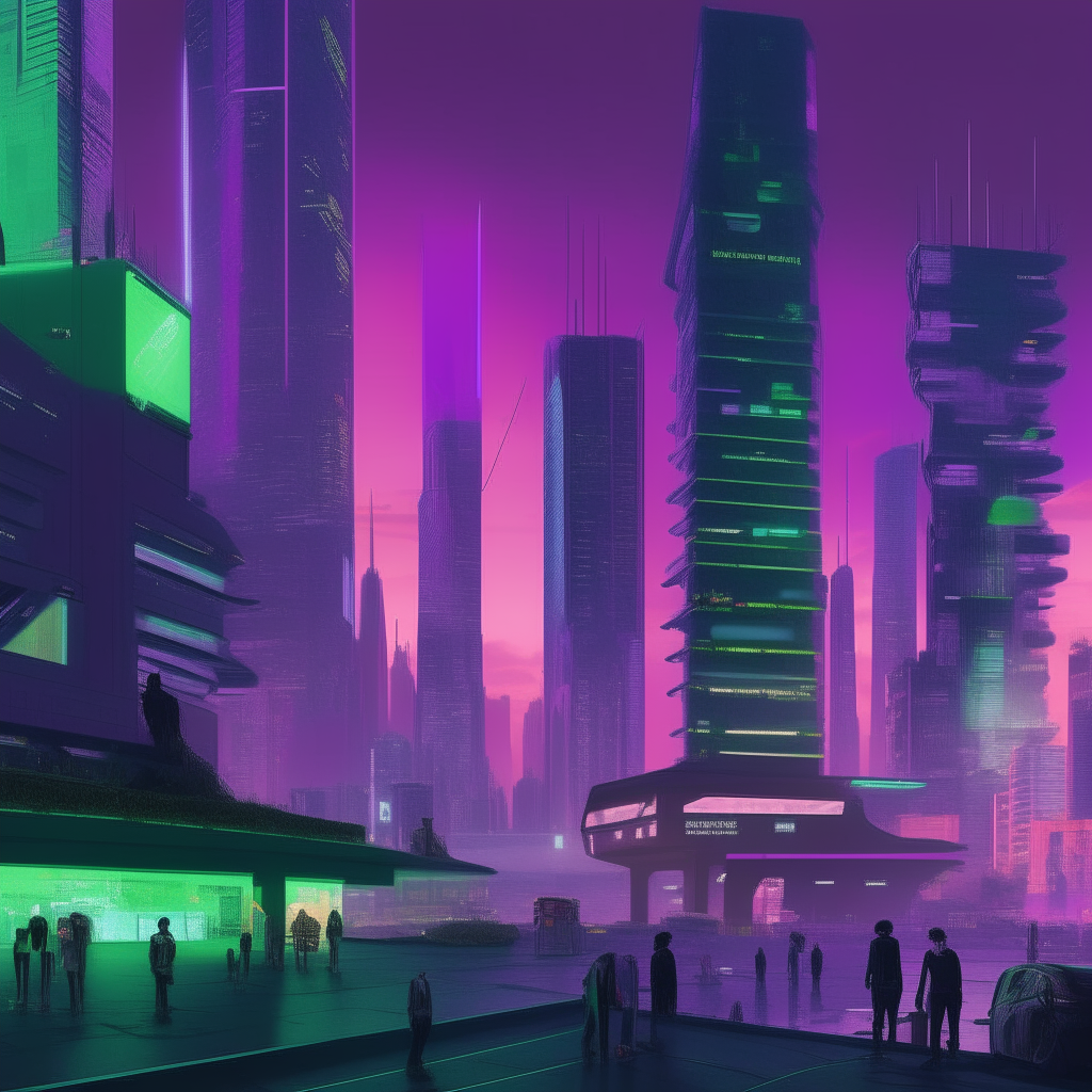 A futuristic cityscape at dusk, with purple and green neon lights illuminating towering skyscrapers. People are gathered in a central plaza discussing ideas for improving their society through open collaboration.