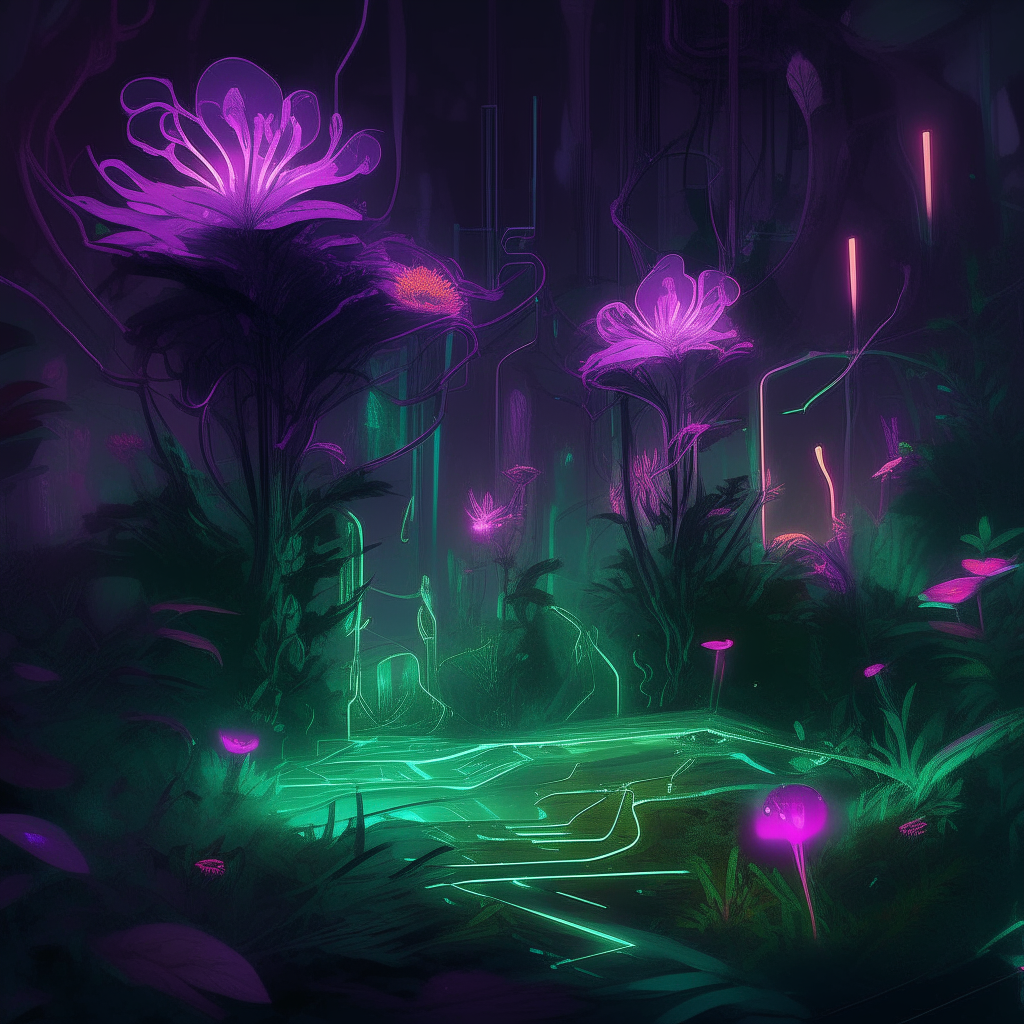 A digital painting inspired by the virtual world of Ember-Online. Neon purple circuitry glows against a dark green backdrop, taking the form of fantastical flora and fauna that don't exist in the real world.