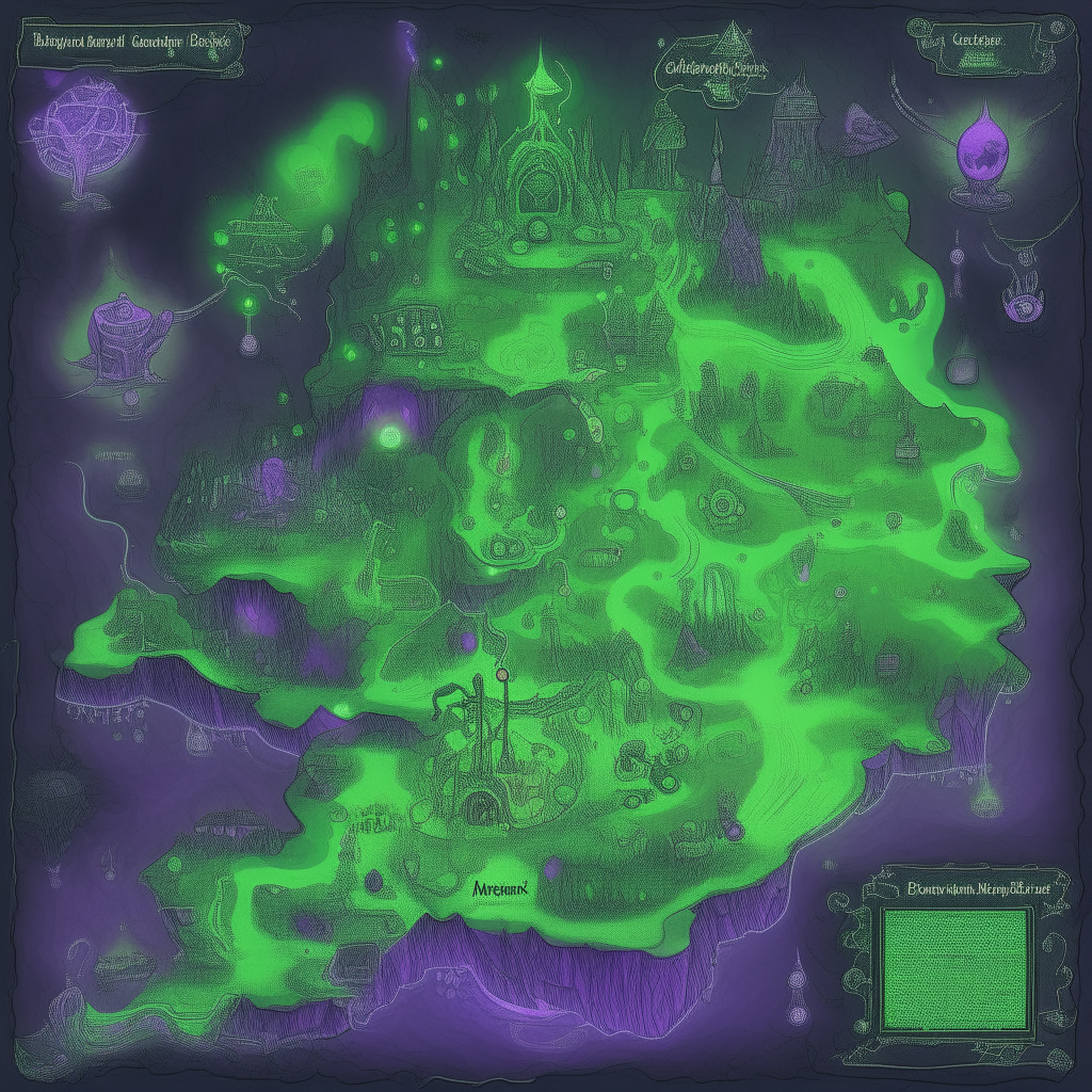 An illustrated map of the fantasy world of Neon-O-Pia, showing mysterious locations and creatures yet to be discovered. Purple and green inks glow against aged parchment.